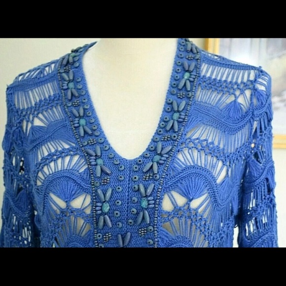 Chicos  Blue Open Knit 3/4 Sleeve Embellished V-Neck Pullover Sweater Sz… - Picture 4 of 10